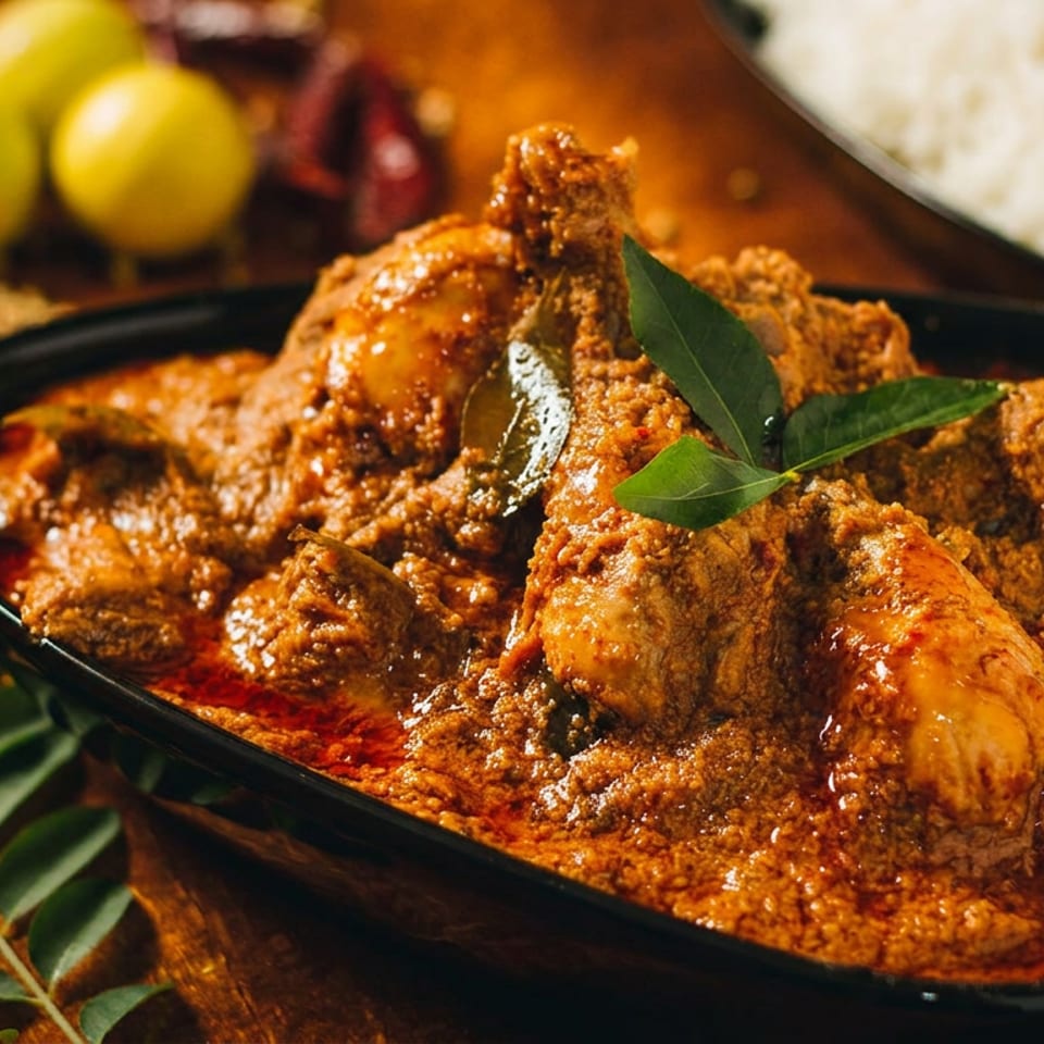 Spicy chicken curry with curry leaves, lemons, and rice in the background.