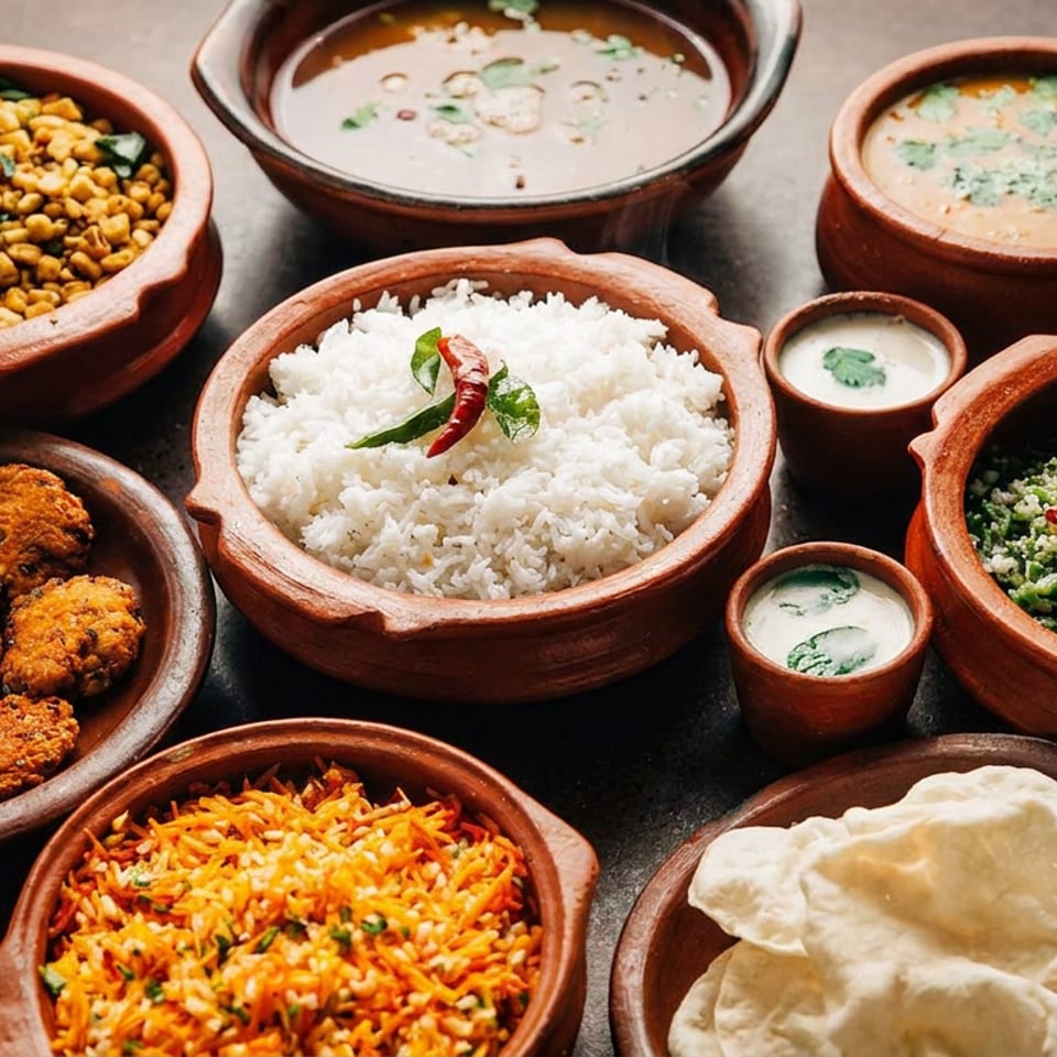 A variety of South Indian dishes, including rice, curries, and fried snacks, served in clay pots.