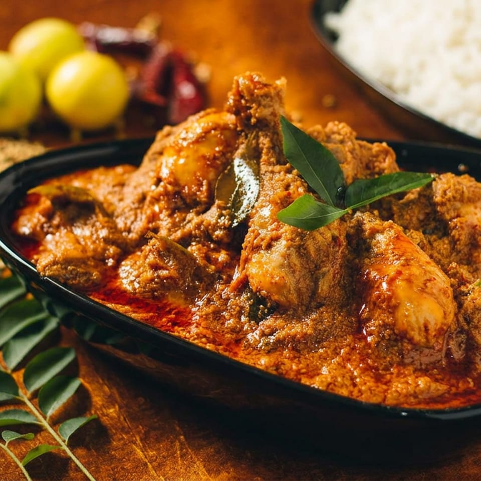 Spicy chicken curry with rice, lemons, and curry leaves on a wooden table.