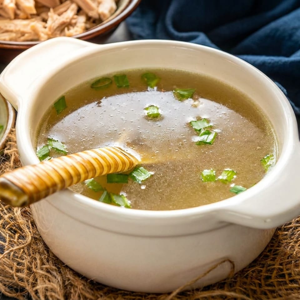 Chicken broth with green onions in a white bowl, with shredded chicken and more green onions.