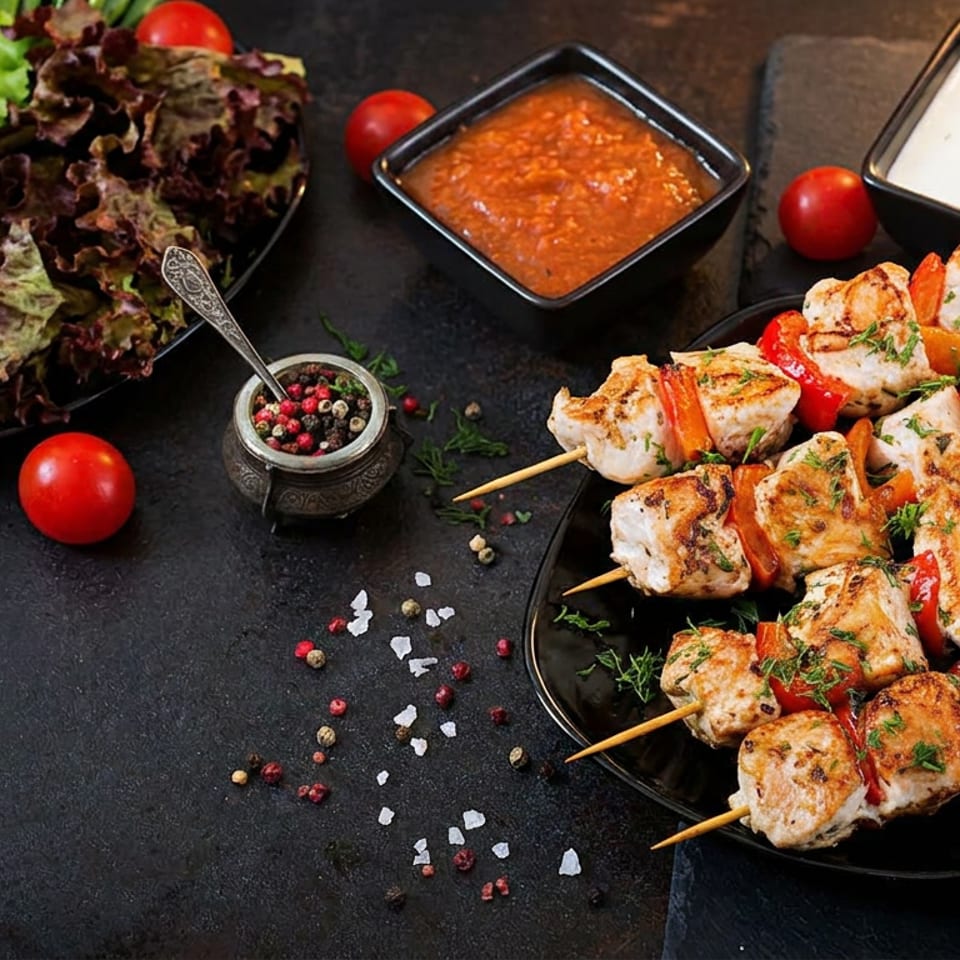 Grilled chicken and red pepper skewers with fresh salad, sauces, and spices on a dark surface.