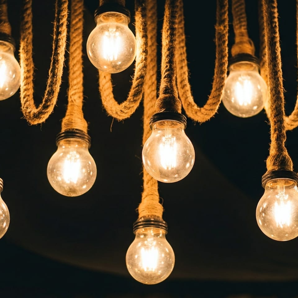 Warm glowing Edison bulbs hang from thick rope against a dark background, creating a cozy ambiance.