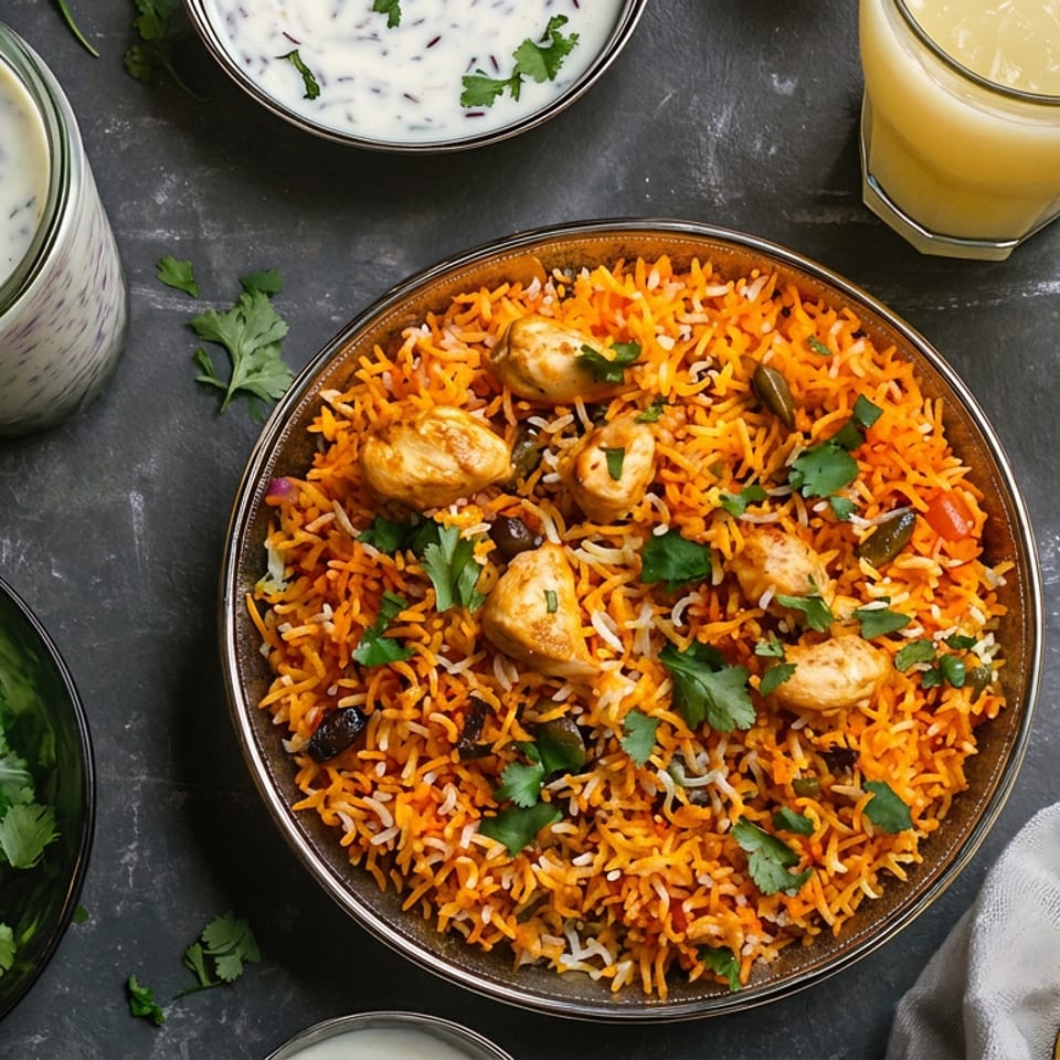 Overhead view of chicken biryani, raita, fresh cilantro, and lemonade on a dark surface.
