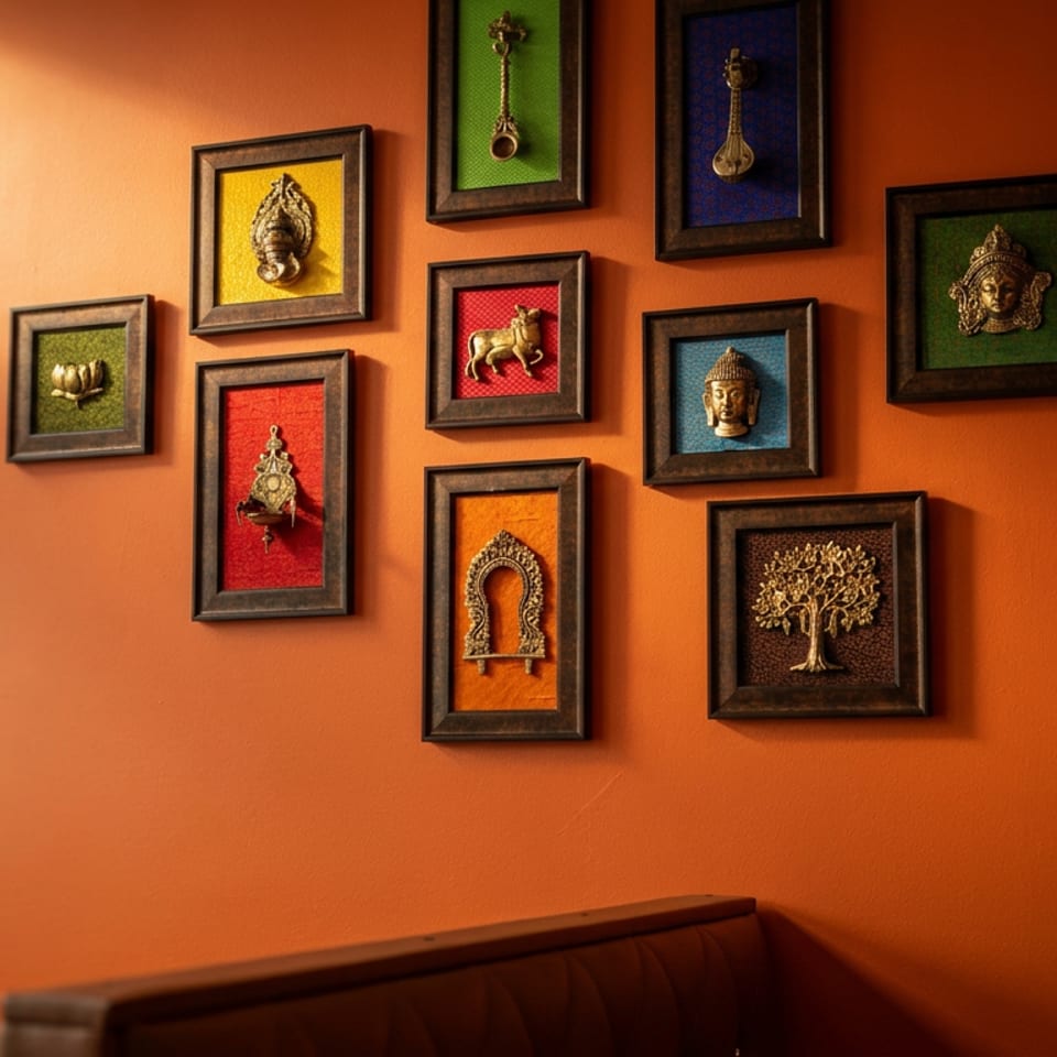 A vibrant orange wall adorned with framed Indian-inspired art pieces, including deities, animals, and instruments.
