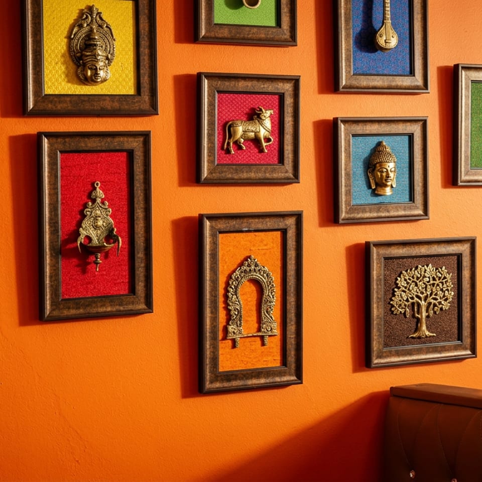 A vibrant orange wall adorned with framed Indian-themed art pieces, including deities, animals, and symbols.